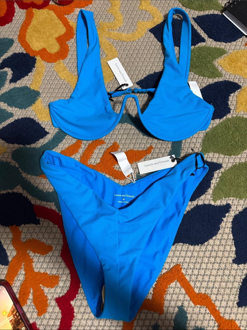 Lovers + Friends Vibrant Turquoise Ribbed bikini top and bottom revolve NWT